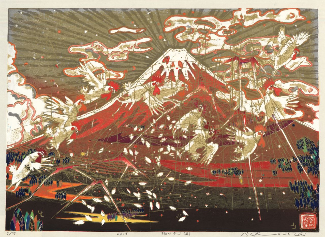 Roosters over Fuji. Contemporary Japanese Art Prints
